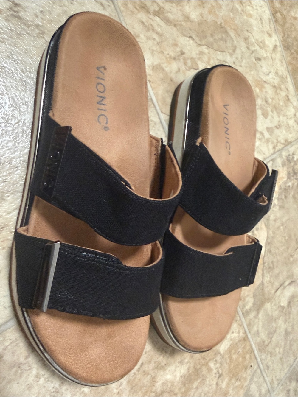 Vionic Black Dual-Strap Slide Sandals with Tan Footbed